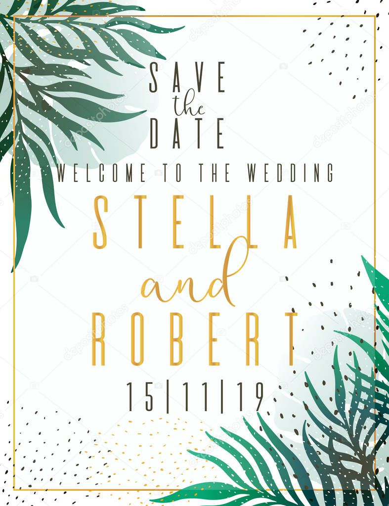 Wedding Invitation, floral invite thank you, rsvp modern card Design: green tropical palm leaf greenery branches decorative wreath frame. Vector elegant rustic template. Illustration