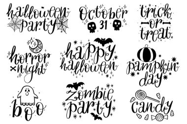 Tipografik Cadılar Bayramı Tasarım Koleksiyonu. Kartlar, afiş, afiş, el ilanı için yazıtlar. Vektör alfabesi