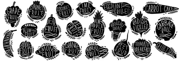 Groenten Fruit Ingesteld Silhouetten Met Belettering Geïsoleerde Objecten Witte Achtergrond — Stockvector