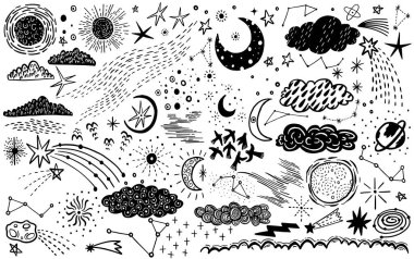 Vektör kroki elle çizilmiş alanı, yıldız, bulut, Güneş, ay, kuyruklu yıldız ile ayarlayın. Doodle tarzı. Tasarım öğeleri. Vektör çizim