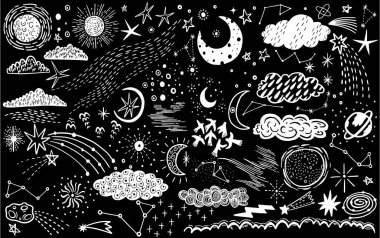 Vektör kroki elle çizilmiş alanı, yıldız, bulut, Güneş, ay, kuyruklu yıldız ile ayarlayın. Doodle tarzı. Tasarım öğeleri. Vektör çizim