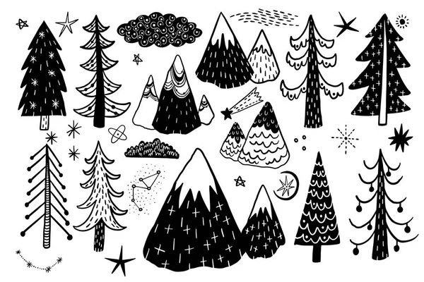 Vector Hand Drawn Forest Winter Set Elements Design Pine Spruce — Stock Vector