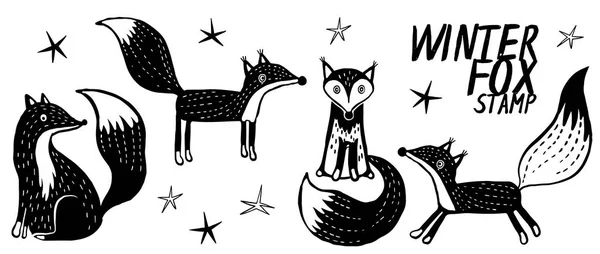 Set Med Olika Fox Handritad Doodle Vector Insamling Vektorillustration — Stock vektor