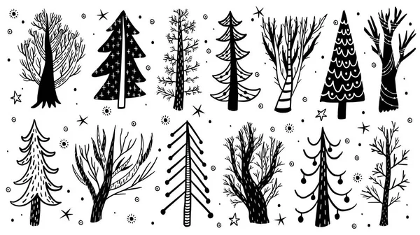 Vector Hand Drawn Forest Tree Winter Set Elements Design Pine — Stock Vector