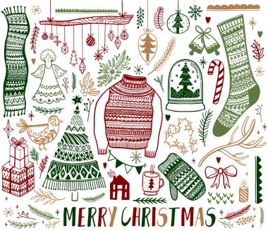 Noel tasarım öğesi doodle tarzı büyük kümesi. El koleksiyonu yeni yıl çizin. Dekoratif çizim. Vektör çizim.
