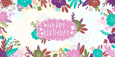 Bahçe çiçekli yaz Vintage çiçek tebrik kartı. Soyut sınır kartpostal. Metin mutlu Birthday.Romantic tarzı. Vektör çizim.