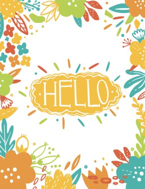 Bahçe çiçekli yaz Vintage çiçek tebrik kartı. Soyut sınır kartpostal. Metin - Hello.Romantic tarzı. Vektör çizim.