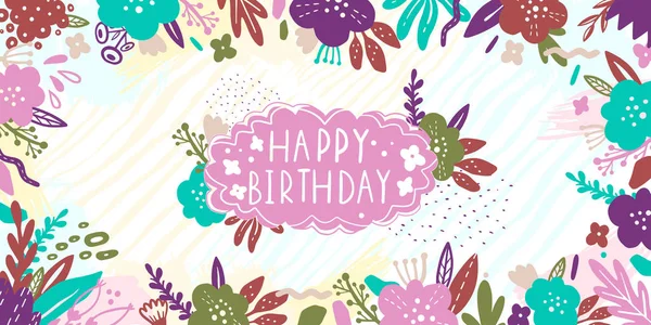 Sommer Vintage Blumengrüßkarte Mit Gartenblumen Abstrakte Grenzpostkarte Text Happy Birthday — Stockvektor