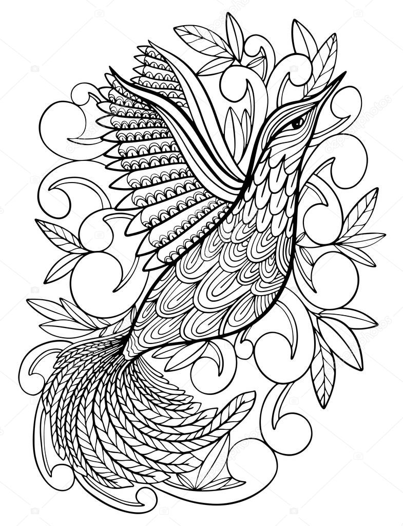 Coloring Pages. Coloring Book for adults. Beautiful template with artwork. School education. Bird hummingbird.Vector illustration.