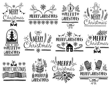 Noel hediye kartları posterler ayarlayın. Tipografi dekorasyon tatil. Şablon için tebrik Scrapbooking, tebrikler, davetiyeler, çıkartmalar, Planners.Vector illüstrasyon