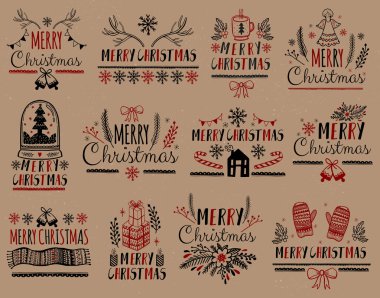 Noel hediye kartları posterler ayarlayın. Tipografi dekorasyon tatil. Şablon için tebrik Scrapbooking, tebrikler, davetiyeler, çıkartmalar, Planners.Vector illüstrasyon