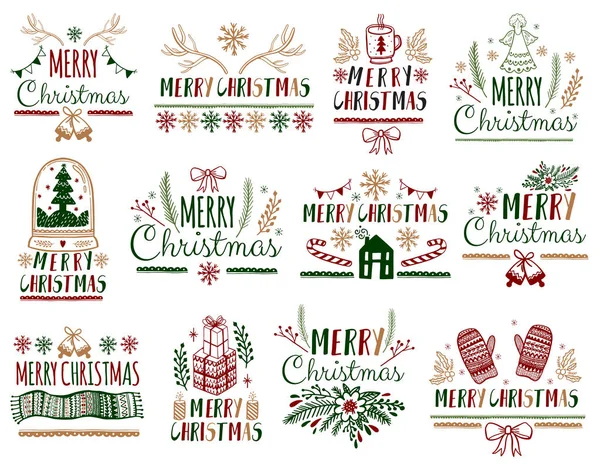 Noel hediye kartları posterler ayarlayın. Tipografi dekorasyon tatil. Şablon için tebrik Scrapbooking, tebrikler, davetiyeler, çıkartmalar, Planners.Vector illüstrasyon