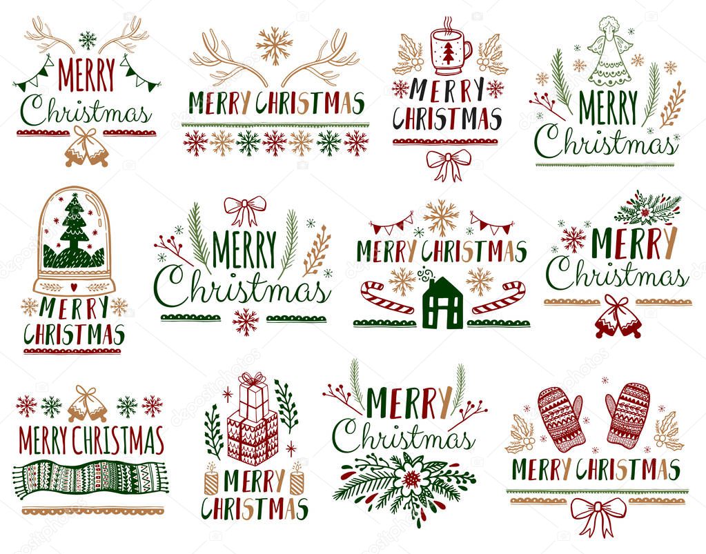 Christmas gift Cards Posters set.Typography decoration holiday . Template for Greeting Scrapbooking, Congratulations, Invitations, Stickers, Planners.Vector illustration