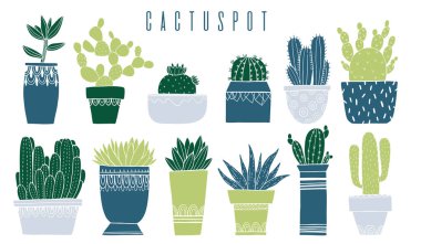 Kaktüs pot ve etli kroki tarzı ayarlayın. Düz çizim öğesi tasarım. Dekorasyon koleksiyonu bitki. Vektör çizim.