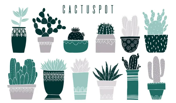 Set Pot Kaktus Dan Lezat Dalam Gaya Sketsa Desain Elemen - Stok Vektor