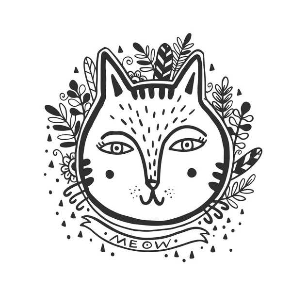 Mutlu Kedi Çizim Stil Çizim Doodle Mistik Kitty Sanat Vektör — Stok Vektör