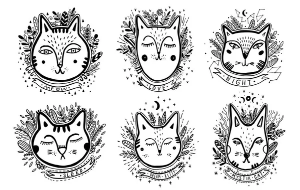 Ställ Glad Katt Ritning Stil Ritning Doodle Mystic Kitty Konst — Stock vektor