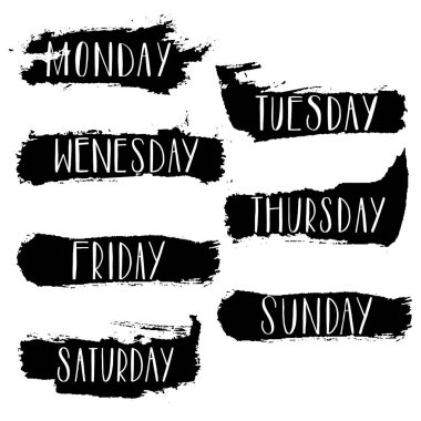 Haftanın Pazartesi, Salı, Çarşamba, Perşembe, Cuma, Cumartesi, Pazar günleri el yazısı. Tipografi hat yazı. Vektör çizim