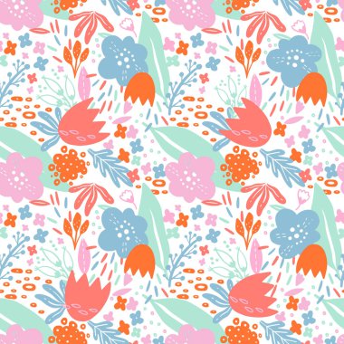 Desen sorunsuz vektör çiçek bitki. Soyut düz doğal botanik. Siluet çizilmiş stil ver. Modern tasarım öğesi. Bahar çiçek Yazdır. Dekoratif illüstrasyon.