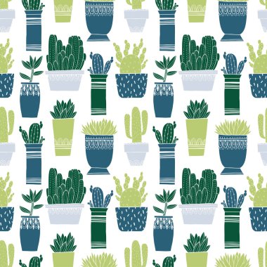 Desen sorunsuz kaktüs pot ve etli kroki tarzı. Düz çizim öğesi tasarım. Dekorasyon koleksiyonu bitki. Vektör çizim.