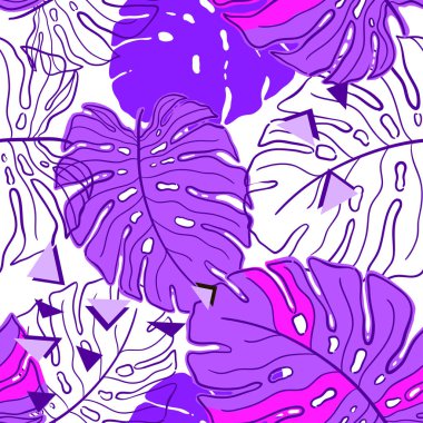 Tropikal yaprak neon eğilim monstera. Monstera elle çizilmiş yaprakları ile Seamless modeli. Tekstil, kumaş için egzotik uyum. Vektör sorunsuz arka plan tropik bitkiler ile. Orman Foliage.Fashion illüstrasyon.