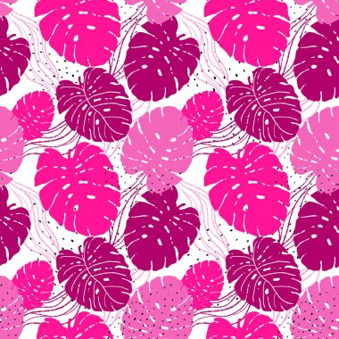Tropikal yaprak neon eğilim monstera. Monstera elle çizilmiş yaprakları ile Seamless modeli. Tekstil, kumaş için egzotik uyum. Vektör sorunsuz arka plan tropik bitkiler ile. Orman Foliage.Fashion illüstrasyon.