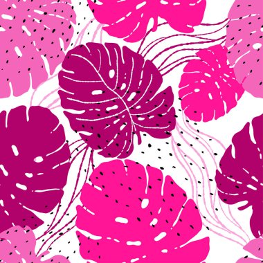 Tropikal yaprak neon eğilim monstera. Monstera elle çizilmiş yaprakları ile Seamless modeli. Tekstil, kumaş için egzotik uyum. Vektör sorunsuz arka plan tropik bitkiler ile. Orman Foliage.Fashion illüstrasyon.