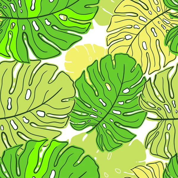 Tropical Leaves Neon Trend Monstera Seamless Pattern Hand Drawn Leaves — Stock Vector