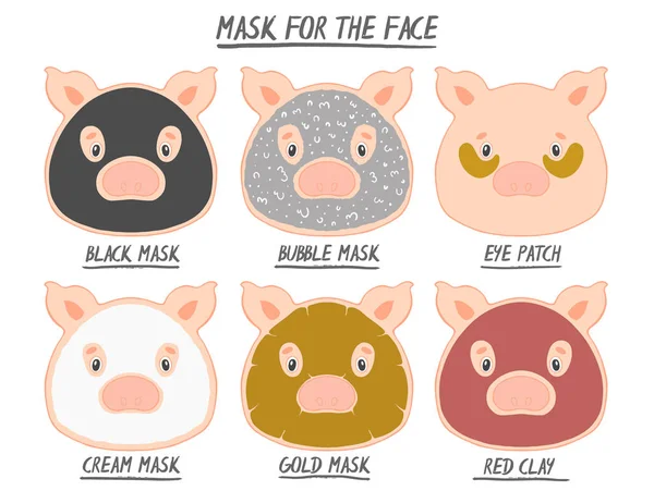 Ställ Mask Face Beauty Djur Gris Flicka Och Kvinnor Huden — Stock vektor