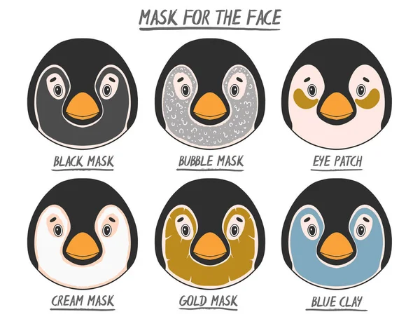 Ställ Mask Face Beauty Djur Pingvin Flicka Och Kvinnor Huden — Stock vektor