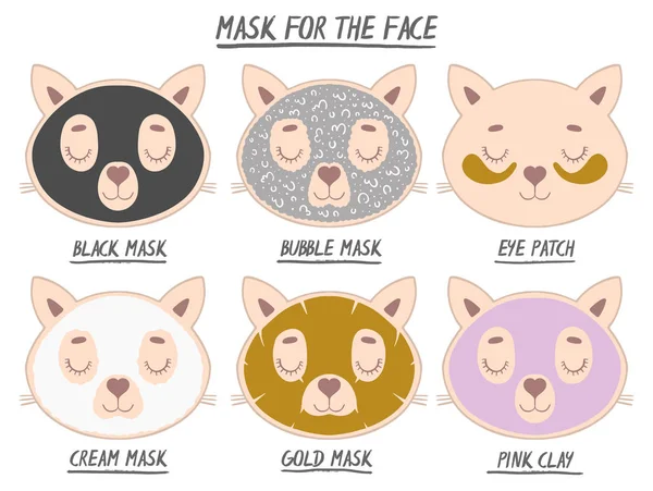 マスク顔美容動物猫少女と女性を設定します きれいなスパ プロシージャ 化粧品の皮膚します 顔全体を頭 漫画のスタイル ベクトル図 — ストックベクタ