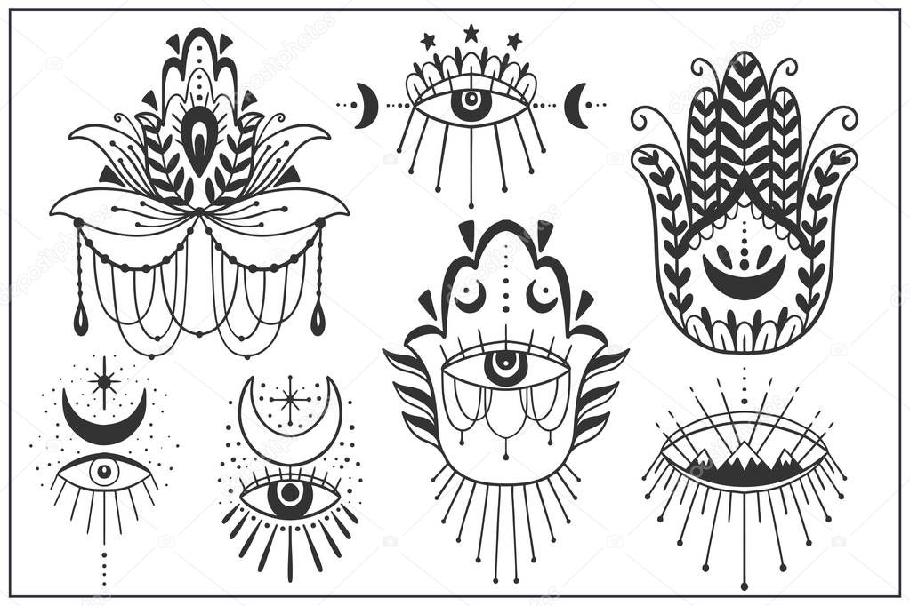 Evil Seeing eye symbol set. Occult mystic hamsa emblem, graphic design tattoo. Esoteric sign alchemy, decorative style, providence sight. Vector illustration.