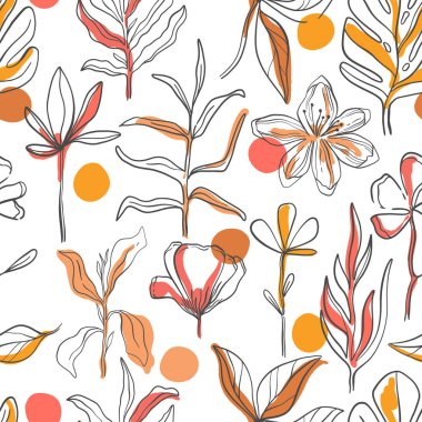 Elle çizilmiş desen kroki tarzı kır çiçekleri. Çizgi doğa stilini, çizim flora, çizilmiş botanik ver. Vektör çizim.