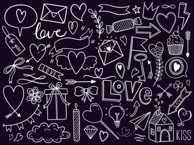 Sevgililer günü doodle ayarla, nesneleri kavram ve tasarım, vektör çizim düz. Kalp, anahtar, yay, taç, tatlılar, beyaz arka plan üzerinde aşk mektubu. Tatil işareti el çekilmiş.