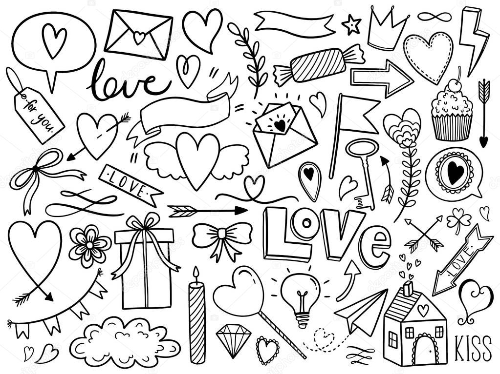 Valentines day doodle set, objects for concept and design, vector illustration flat. Heart, key, bow, crown, sweets, love letter on white background. Hand drawn Holiday sign.