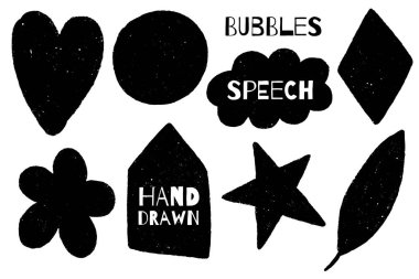 El konuşma balonları dizi çekilmiş. Öğe için tasarım konuşuyoruz. Beyaz izole. Kalp, bulut, daire, star, yaprak, çiçek, çizgi roman tarzı vektör çizim Anasayfa