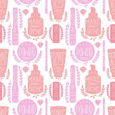 Güzellik kozmetik makyaj seamless modeli ele çekin. El yapımı üretim etiket. Vektör çizim