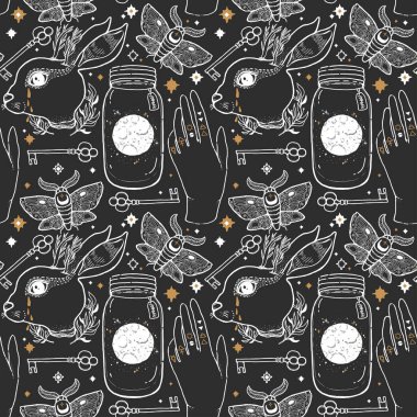 Sketch vektör grafik Dikişsiz desen çizim mistik ve gizli el ile sembolleri çizilmiş. Sihirli ve ezoterik kavramı. Vintage öğe Masonluk. Fantezi işareti