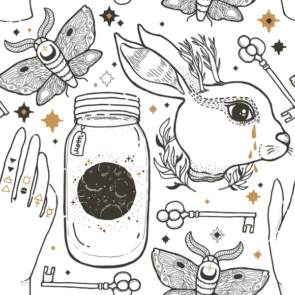 Sketch vektör grafik Dikişsiz desen çizim mistik ve gizli el ile sembolleri çizilmiş. Sihirli ve ezoterik kavramı. Vintage öğe Masonluk. Fantezi işareti