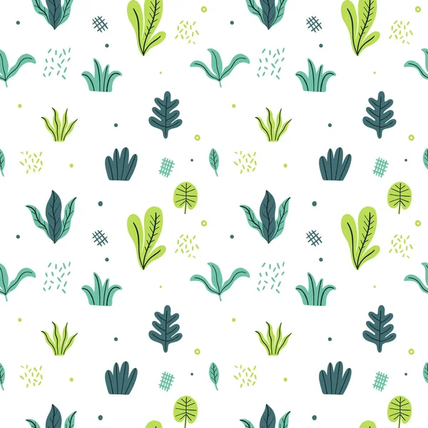 Blätter flach gesetzt. nahtlose Muster tropischen Pflanzen isoliert auf weißem Hintergrund. Natur einfach grün blumig. Minimale Stilfantasie. — Stockvektor