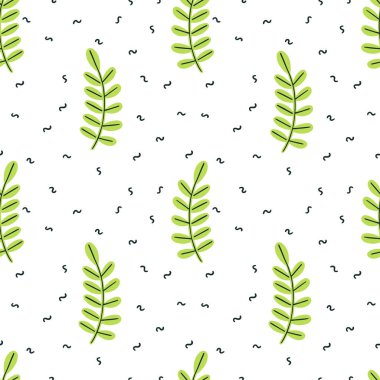 Düz set bırakır. Dikişsiz desen Tropikal bitkiler beyaz arka plan üzerinde izole. Doğa basit yeşil çiçek. Minimal stil fantezi.