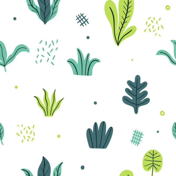 Laisse à plat. Modèle sans couture Plantes tropicales isolées sur fond blanc. Nature simple vert floral. Fantaisie de style minimal . — Image vectorielle