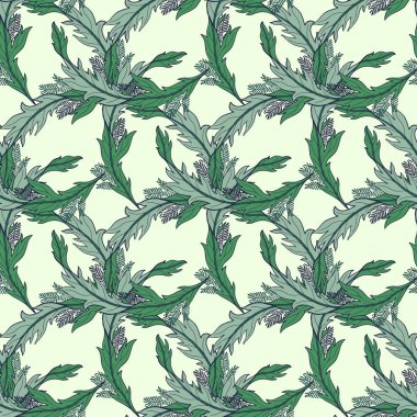 Dekoratif süslemesiz yay deseni. Yapraklı, sonsuz zarif bir doku. Tasarım kumaşı, arkaplan, ambalaj kağıdı, paket, kapak için cazip