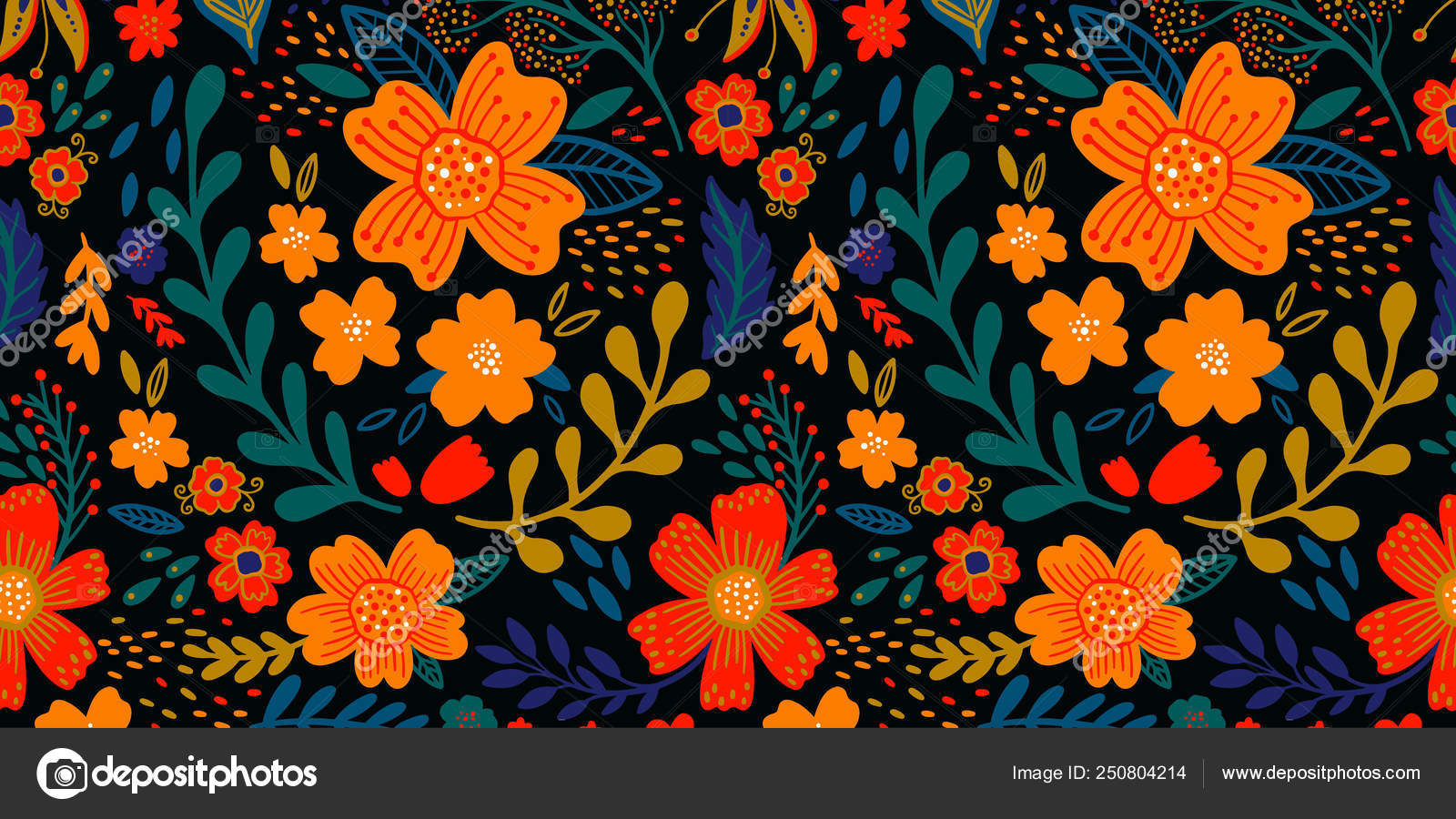 Floral Folk Seamless Pattern Pretty Bright Color Flowers On Black Background Printing With Small White Flowers Ditsy Print Vector Texture Spring Bouquet Vector Image By C Arina Ulyasheva Vector Stock 250804214