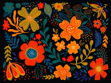 Çiçek etno vahşi halk çiçek siyah arka plan. Ülke stil buket kümesi. Rustik chic. Tekstil tasarımı, duvar kağıdı, kapakları, yüzey, baskı, hediye paketi, scrapbooking, Dekupaj için kullanın.