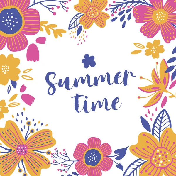 Yaz Vintage çiçek tebrik kartı çerçeve bahar çiçek botanik basit vektör çizim beyaz arka plan üzerinde Blooming Bahçe çiçekli.