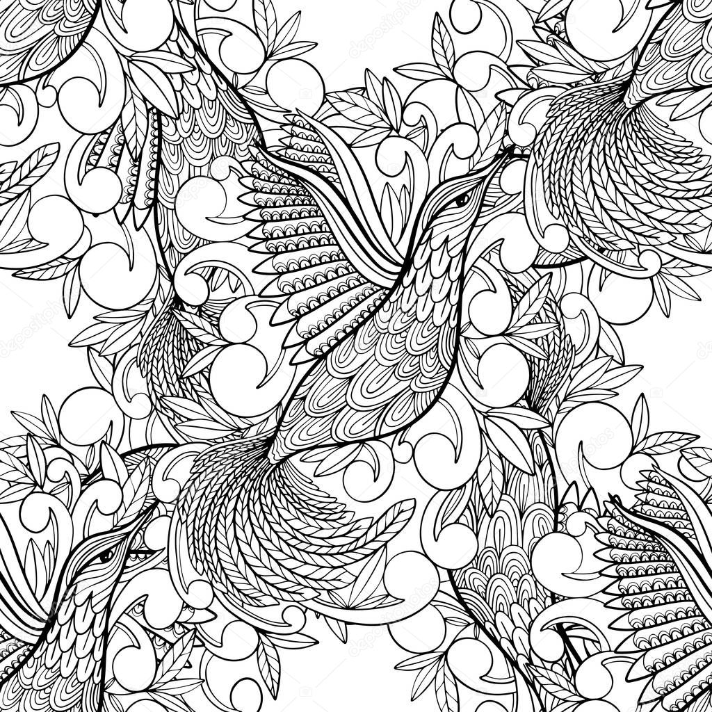 Vector pattern coloring book bird. Hummingbird and leaves monochrome black ink.
