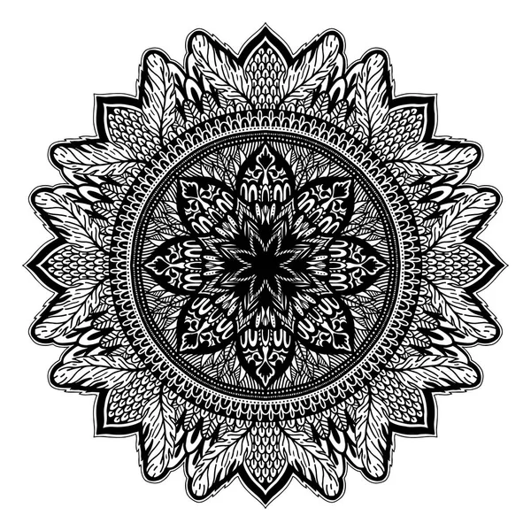 Kerek fekete Mandala a fehér elszigetelt fehér háttér. Vektor boho rajzelem. Etnikai szimbólum. — Stock Vector