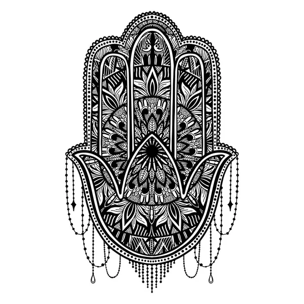 Náboženství Hamsa talismana Asiat. Černá barevná grafika v bílém pozadí Symbol ochrany a talismana proti ďáblu. Tetovaný motiv. — Stockový vektor
