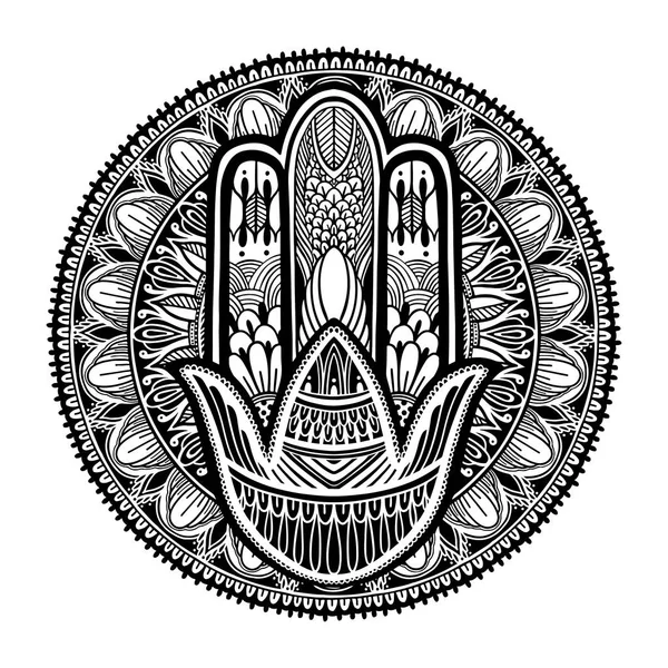 HAMSA talisman religie Aziatische. Zwarte kleur afbeelding in witte achtergrond. Symbool van bescherming en talisman tegen het boze oog. Tattoo motief. — Stockvector